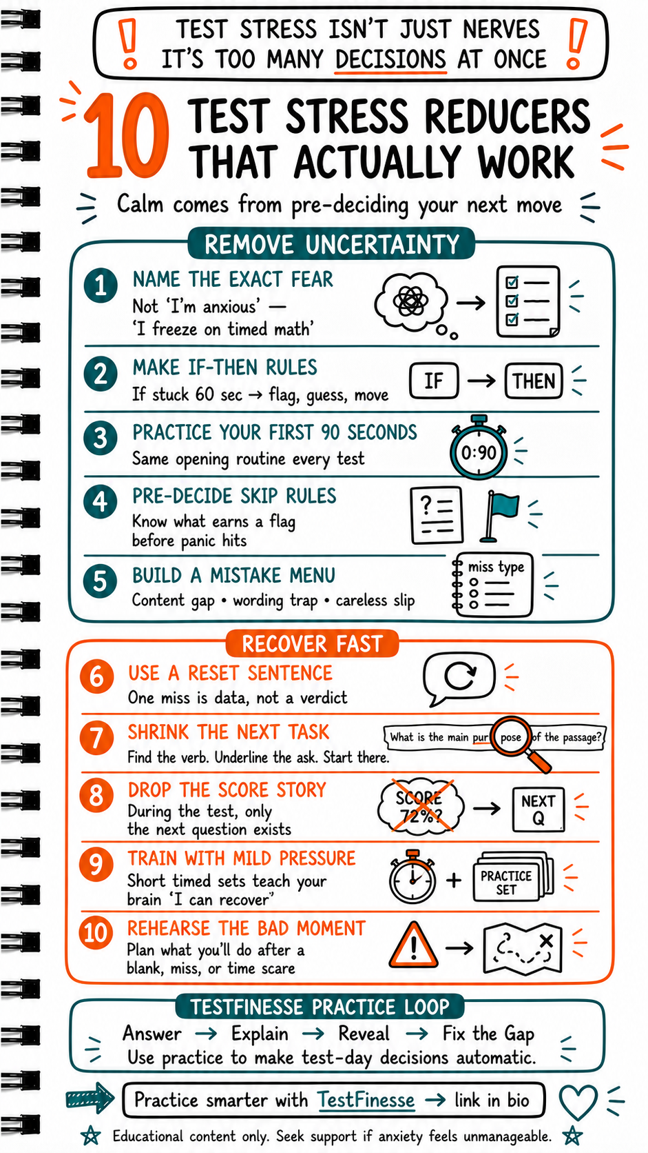 Infographic showing 10 test stress reducers for students, including naming the exact fear, making if-then rules, practicing the first 90 seconds, using reset sentences, shrinking the next task, and building automatic test-day decisions.