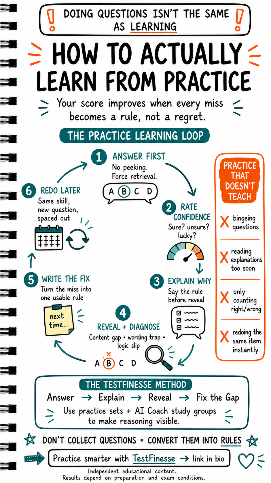Infographic explaining a practice learning loop for test prep: answer first, rate confidence, explain why, reveal and diagnose the miss, write the fix, and redo a new question later instead of just bingeing questions.