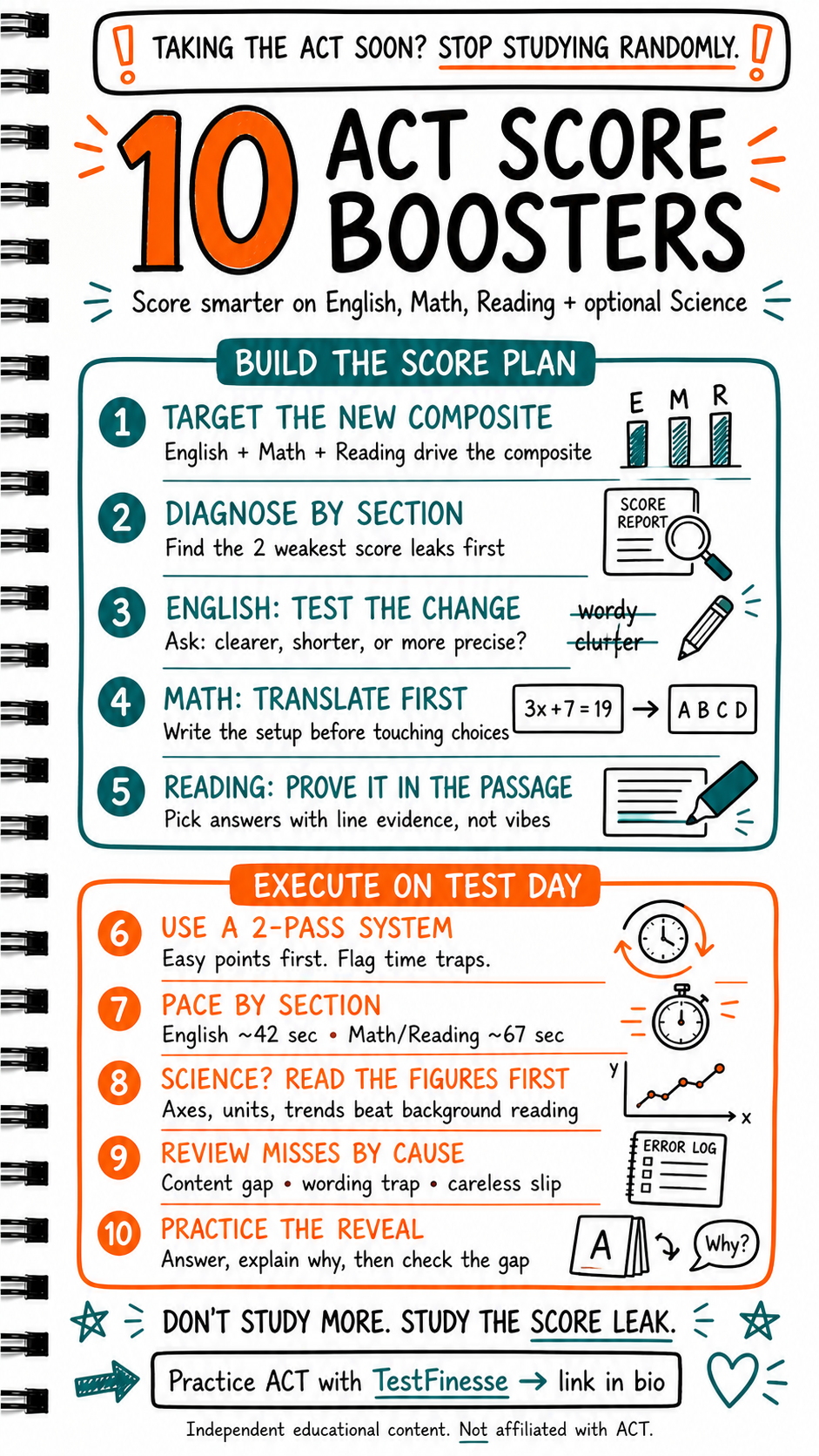 Infographic showing 10 ACT score boosters for the enhanced ACT, including targeting the English, Math, and Reading composite, diagnosing weak sections, using a two-pass system, pacing by section, reviewing misses by cause, and practicing the reveal.