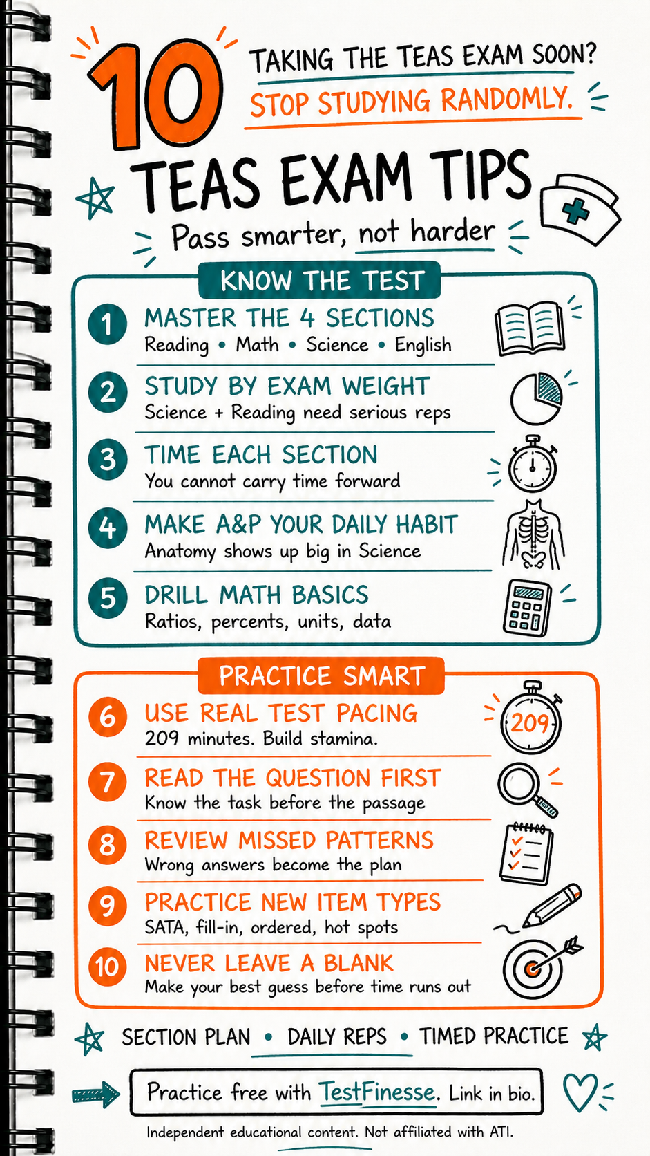 Infographic showing 10 TEAS exam tips, including mastering the four sections, studying by exam weight, timing each section, practicing anatomy and physiology, drilling math basics, using real test pacing, reviewing missed patterns, and never leaving blanks.