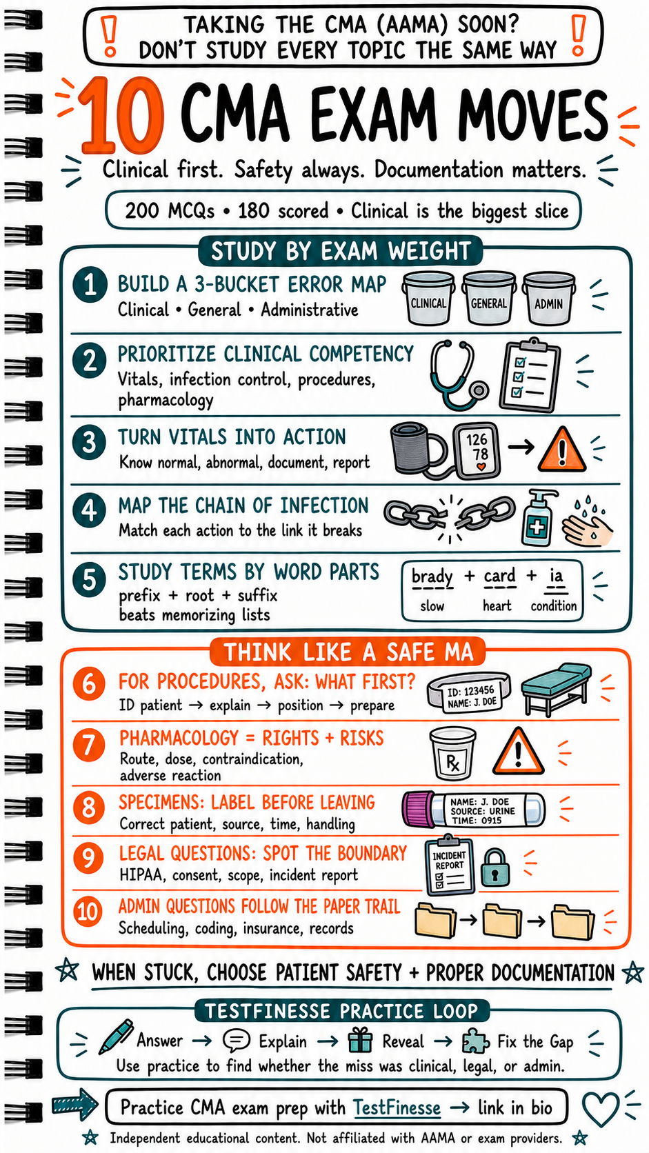 Infographic showing 10 CMA (AAMA) exam prep moves, including building a clinical, general, and administrative error map; prioritizing clinical competency; reviewing vital signs, infection control, procedures, pharmacology, specimens, legal boundaries, and documentation.