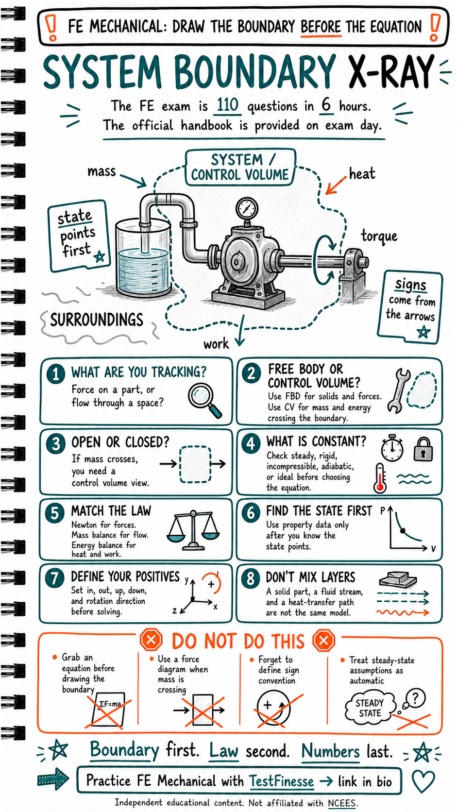 Infographic showing a FE Mechanical system boundary X-ray with steps to identify the tracked quantity, choose free body or control volume, decide whether the system is open or closed, define constants and sign convention, and match the correct law before solving.