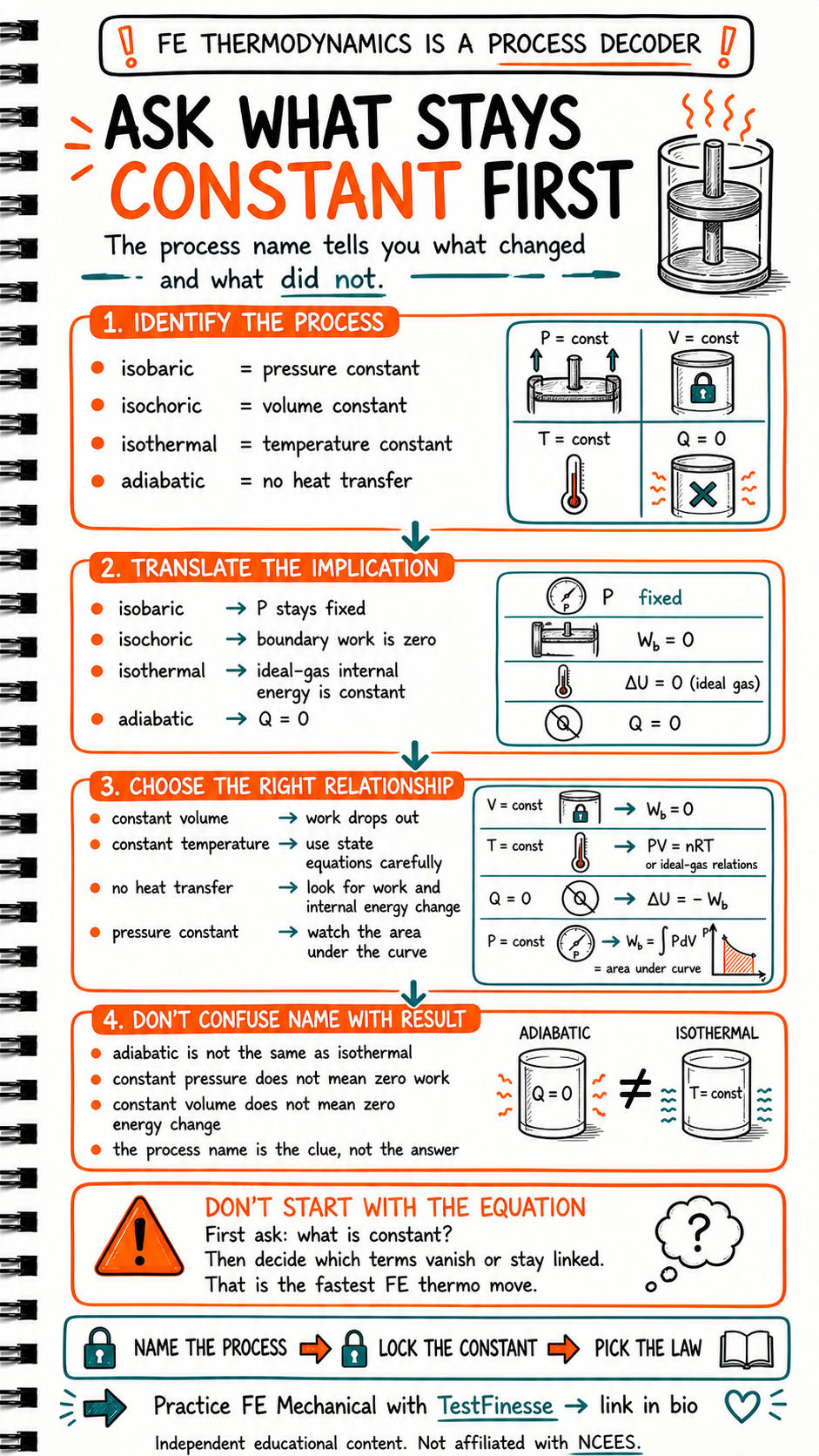 Hand-drawn FE Mechanical study graphic showing thermodynamics as a process decoder, with constant-pressure, constant-volume, constant-temperature, and adiabatic shortcuts, plus warnings not to start with equations too early.
