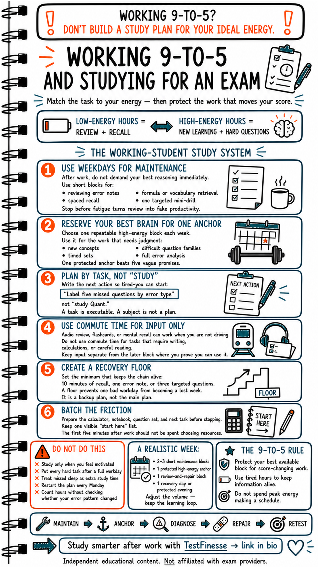 Working-student exam study infographic showing how to match study tasks to energy, use weekdays for maintenance, protect one high-energy anchor block, plan by task, create a recovery floor, and reduce start-up friction.