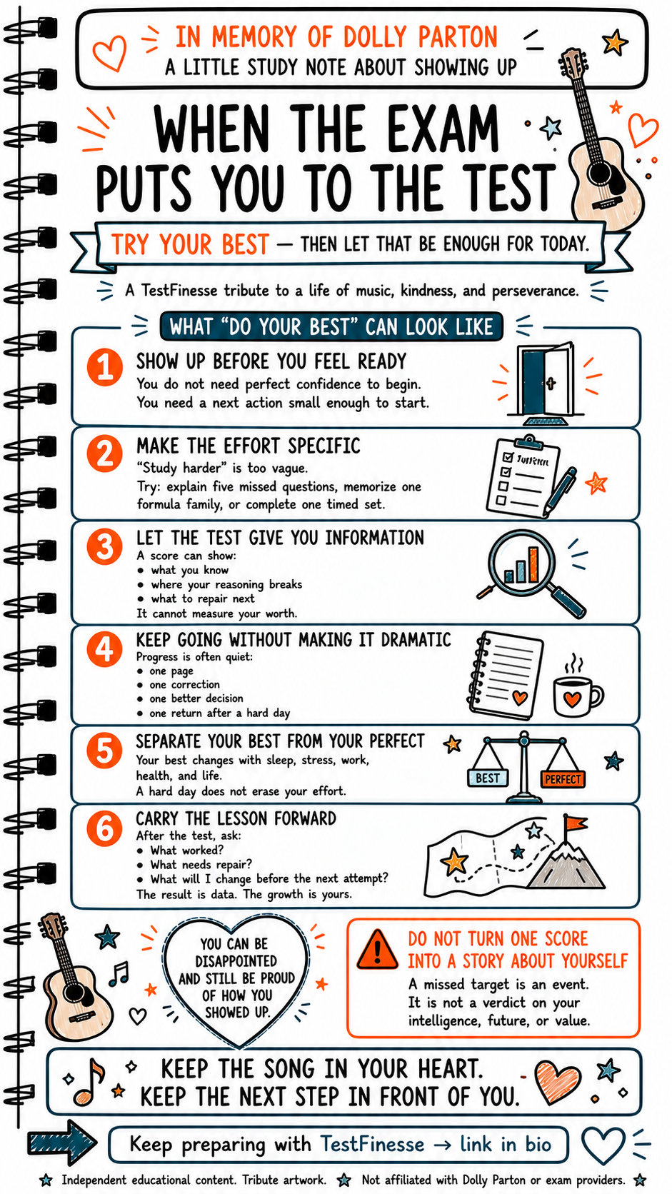 TestFinesse tribute study infographic honoring Dolly Parton and showing six ways to keep preparing through uncertainty, including starting small, making effort specific, learning from scores, continuing steadily, separating your best from perfection, and carrying lessons forward.