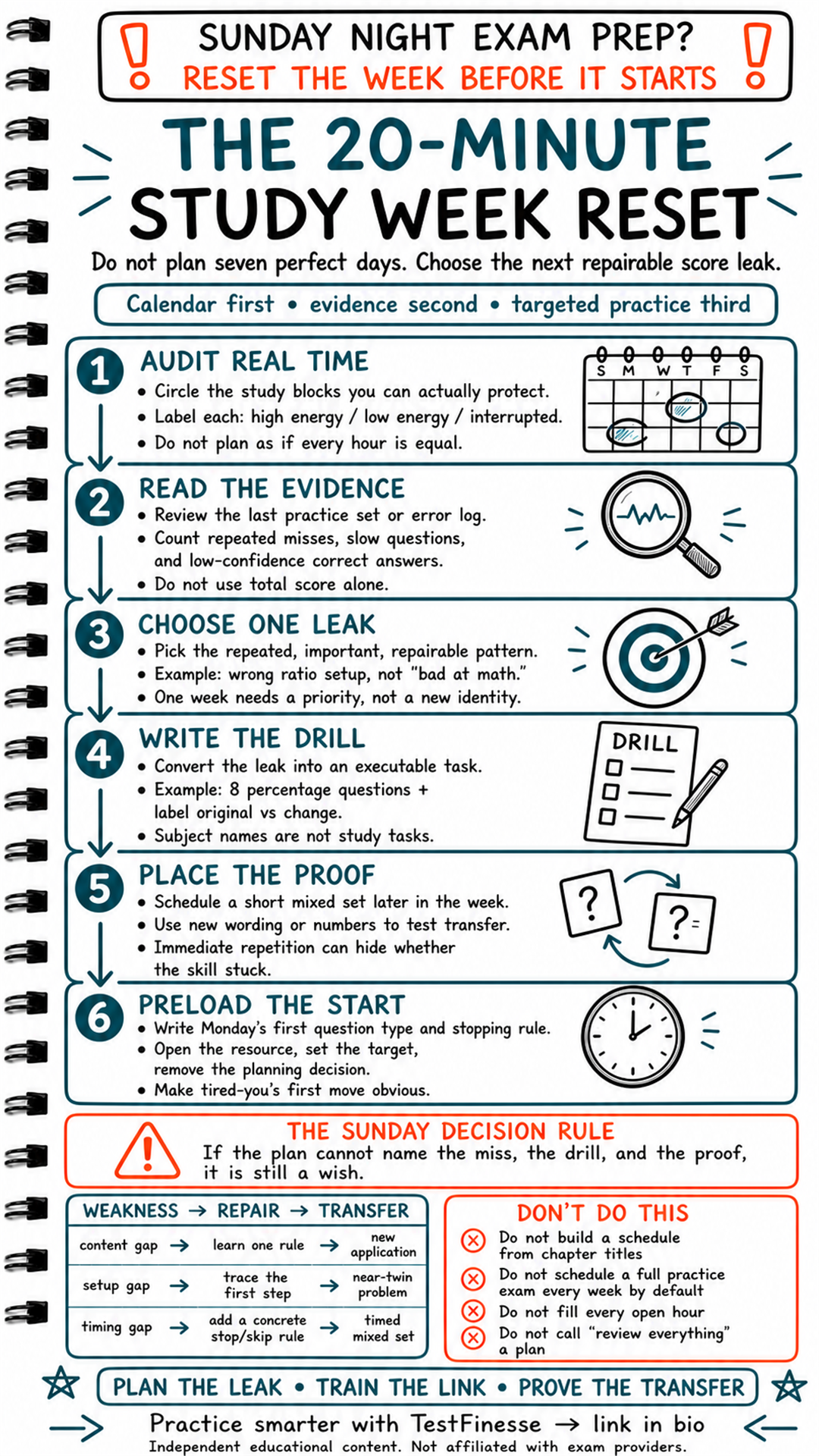Hand-drawn exam study infographic showing a six-step Sunday night reset: audit real time, review evidence, choose one leak, write the drill, schedule proof, and preload Monday’s start.