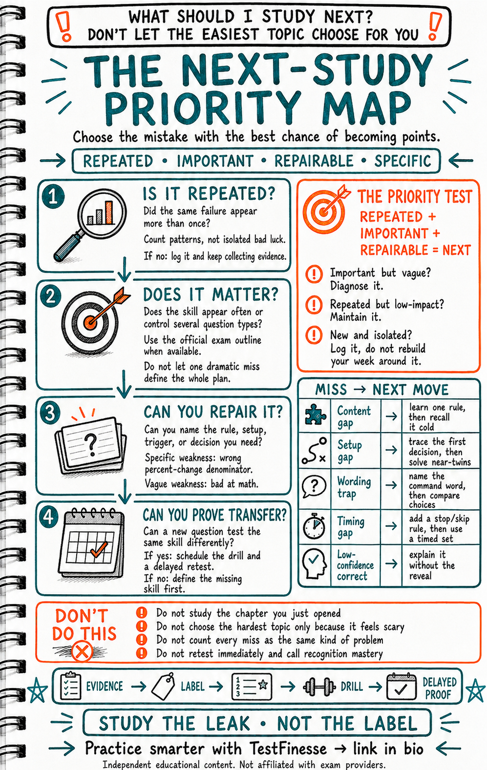Hand-drawn exam-prep infographic showing how to choose the next study priority by checking whether a mistake is repeated, important, repairable, and specific.